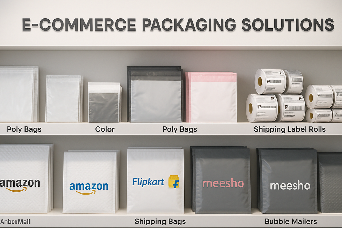 I WANT TO SELL E COMMARCE PACKGING MATRIAL ONLY POLI BAGS OF AMAZON FLIPKART AND MEESHO AND SHIPPING LABEL ROLL THORO MY PERSONAL WEBSITE , PLEASE CREATE A IMAGE FOR STORE FORNT USED THIS TYPE OF IMAGE